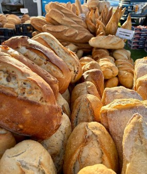 Sliced sourdough showing an open, airy crumb