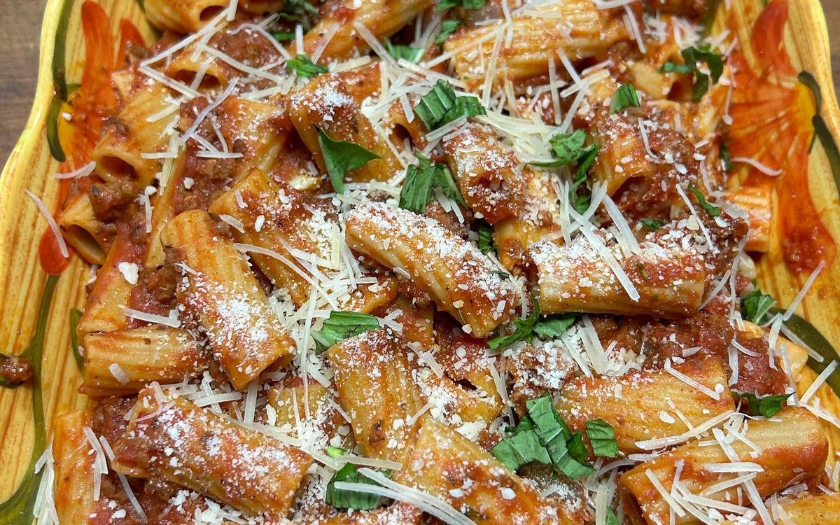 Tray of baked lasagna ready to take home